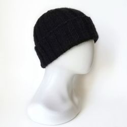 Handcrafted Black Men's Merino Wool Ribbed Beanie: Exceptionally Warm Hand-Knitted Winter Hat in Luxurious Soft Yarn.