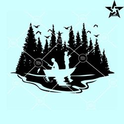 Outdoor fishing scenery svg, Lake fishing Outdoor scene svg, Pine Trees SVG, Forest Silhouette SVG