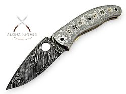 Handmade damascus fire pattern folding knife with engraved handle