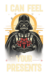 Logo "I Feel Your Gifts" Darth Vader with a gift on a Christmas background, print on a T-shirt.