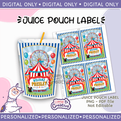 Add Personalization Circus / Carnival juice pouch bag label, printable, not editable
