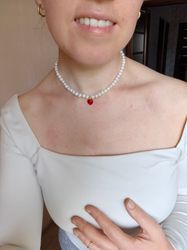 Handmade Red Heart Freshwater Pearl Necklace| Ruby Heart Necklace| Dainty Red Heart Charm Pendant Baroque Pearl Necklace