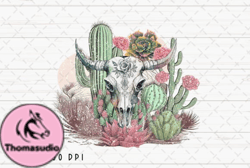 Cow Skull Desert Cactus Vintage PNG Design 05