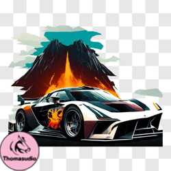 High Speed Racing Car with Active Volcano Background PNG Design 173