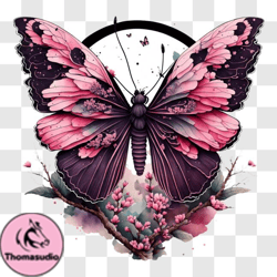 Beautiful Pink Butterfly on a Branch with Pink Flowers PNG Design 195