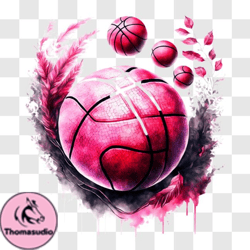 Floating Pink Basketball with Watercolor Splatters and Feathers PNG