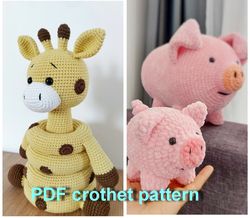 3 SET PDF pig toy,funny toy pattern, giraffe crochet, crochet pattern,toy pattern,Crochet  toy,