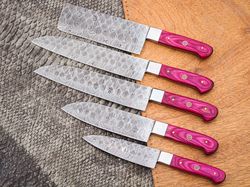 Handmade 5 Pcs Pink Chef Set Kitchen Knife Set With Leather Roll Bag