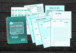 Printable motivational yearly Planner 2024 with habbit's tracker and 6 other different pages