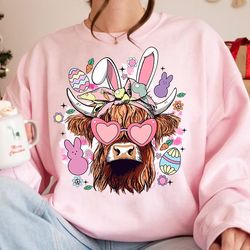 Easter Day Highland Cow Sweatshirt, Retro Easter Shirt, Easter Bunny Shirt, Clover, Shamrock SHirt, HappyEaster Shirt