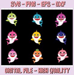9 Family Sharks Character bundle SVG,Png,Shark's friends svg, Pink Fong svg, Family shark svg, dxf, eps files