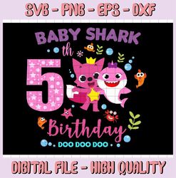 shark 5th birthday svg, girl birthday shark svg dxf eps, girl fifth birthday clipart, five year old,baby,shark,5th