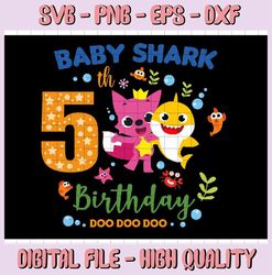 Shark 5th Birthday Svg, Boy Birthday Shark Svg Dxf Eps, Boy Fifth Birthday Clipart, Five Year Old, Baby, Shark, 5th