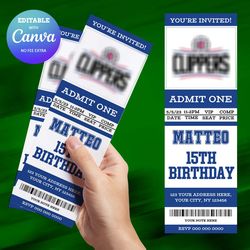 La Clippers Birthday Invitation Canva Editable, Basketball Ticket Birthday Invitation