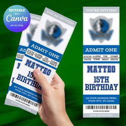 Dallas Mavericks Birthday Invitation Canva Editable, Basketball Ticket Birthday Invitation