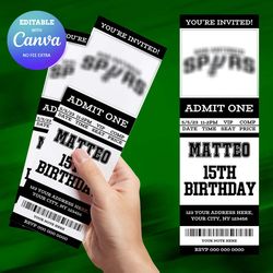 San Antonio Spurs Birthday Invitation Canva Editable, Basketball Ticket Birthday Invitation