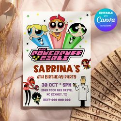 Powerpuff Birthday Girl Invitation, Powerpuff ANY AGE Birthday Party Invitation Canva Editable