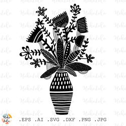Flowers Svg, Flowers in Vase Cricut, Flowers Silhouette, Flowers Stencil Template Dxf, Flowers Clipart Png, Linocut Svg