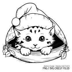 Cute Baby Cat in Santa Hat Pocket SVG | Christmas PNG Black Line Silhouette Clip Art Kitten Lover Adorable Decorations