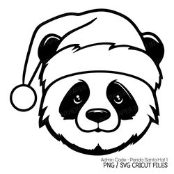 Cute Panda in Santa Hat SVG | Christmas PNG Black Line Silhouette Clip Art Lover Adorable Decorations Illustration