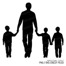 Dad Walking Hand In Hand With His Three Sons | Fathers Day PNG Silhouette SVG Black And White Boy Clip Art Children Kid