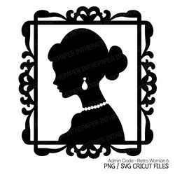 Woman with elegant square frame and bun black silhouette SVG | Pearl Necklace Earrings PNG Line Art Vintage Retro