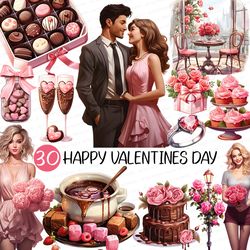 Happy Valentines Day PNG | Pink Rose Fondue Cupcake Sweets Couple Ring Teddy bear Donut Gift Box Hot Chocolate Cake Tin