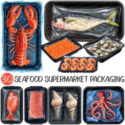 Seafood Supermarket Packaging PNG | Fish Clip art Salmon roe Shellfish Oyster Crab Octopus Leg Scallop Shrimp Tilapia