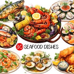 Seafood Dishes PNG | Fish Clipart Sushi Clam Paella Bouillabaisse Salmon Grilled Crab Soup Oyster Scallop Risotto Mussel