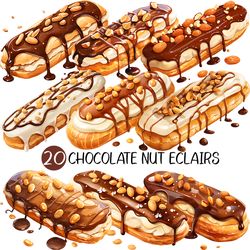 Chocolate Nut Eclair PNG | dessert clipart flowing syrup whipped cream decoration sweet cute food recipe baking bakery