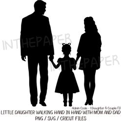 Back view of a young daughter walking hand in hand with her mom and dad SVG | Mother's Father's Day PNG Black Silhouette