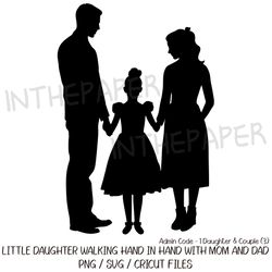 Back view of a young daughter walking hand in hand with her mom and dad SVG | Mother's Father's Day PNG Black Silhouett
