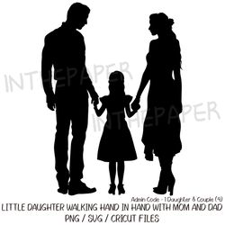 Back view of a young daughter walking hand in hand with her mom and dad SVG | Mother's PNG Father's Day Black Silhouette