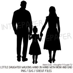 Back view of a young daughter walking hand in hand with her mom and dad SVG | Black Silhouette PNG Mother's Father's day
