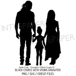 Black Couple with Young Daughter SVG | Mother's Day PNG Father's Clip art Silhouette Line Girl Kid Man Woman walking