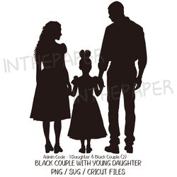 Black Couple with Young Daughter SVG | Mother's Day PNG Father's Clip art Silhouette Girl Kid Man Woman Family