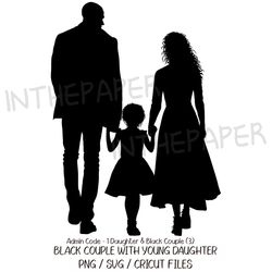 Black Couple with Young Daughter SVG | Family Mother's Day PNG Father's Clip art Silhouette Girl Kid Man Woman