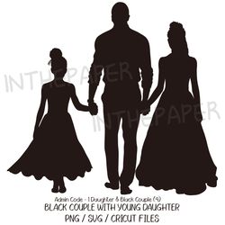 Black Couple with Young Daughter SVG | Mother's Father's Day PNG Clip art Silhouette Girl Kid Man Woman Family