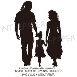 Black Couple with Young Daughter SVG | Mother's Day Clip art Father's PNG Silhouette Line Girl Kid Man Woman walking