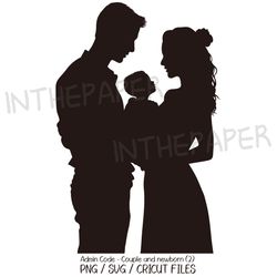 Couple Holding Newborn Baby SVG | Mother's Day PNG Father's Clipart Black Silhouette Baby Kid Man Woman Childbirth Birth