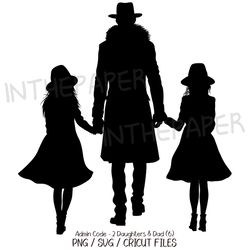 Dad and two daughters wearing identical fedoras SVG | Father's Day Family PNG BlackSilhouette SVG Sisters Girl