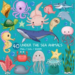Under the Sea Animals PNG | Cute Fish SVG Clipart Humpback Whale Dolphin Axolotl Hermit Crab Jellyfish Seaweed Octopus