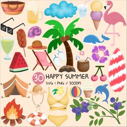 Happy Summer SVG PNG Cute Clipart Whale Dolphin Bikini Beach Coconut Drink Beer Straw Hat Camping Tent Bonfire flamingo