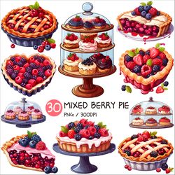 Mixed Berry Pie PNG | Fruit Tart Dessert Clipart Blueberry Raspberry Blackberry Strawberry Piece Cake Tray Glass Display