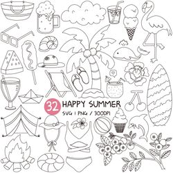 Happy Summer Coloring page | Png Svg Black Line Clipart Book Adults Kids Cute Bikini Watermelon Surfboard Coconut flower