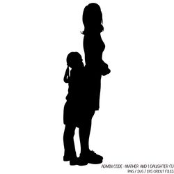 Daughter with pigtails hugging her mother from behind | Mother's Day PNG Silhouette SVG Black White Cricut Files Girl