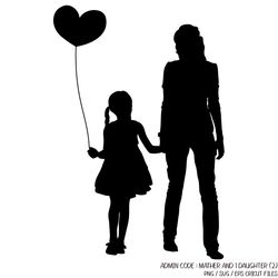 A girl holding hands with her mother and holding a heart balloon | Mother's Day PNG Silhouette SVG Black White Cricut Fi