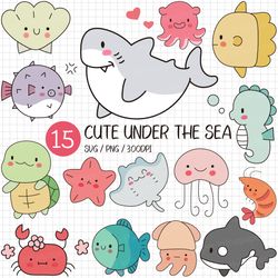Cute Under the Sea | PNG SVG Clip art Sea Animal Good note Planner Sticker Orca Shark Turtle Seahorse Jellyfish Puffer