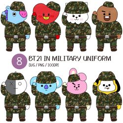 BT21 In Military Uniform SVG | BTS png Army Clipart Vector Kpop Idol Boy Group Koya RJ Shooky Mang Chimmy Tata Cooky Van