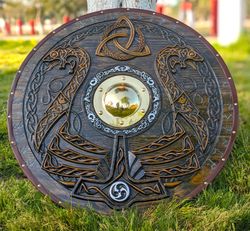 Hand-Carved Viking Warrior Ship Shield - Norse Inspired Decor Shield- Viking Gift For Him- Birthday Gift - Wedding Gifts